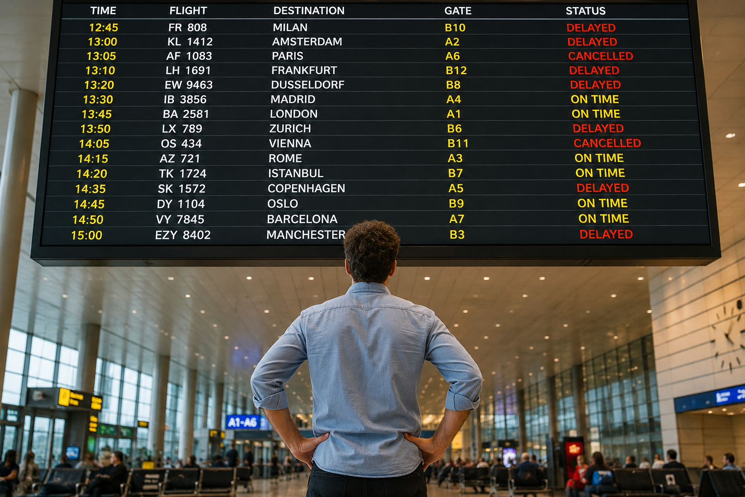 Airport departure board showing flight times